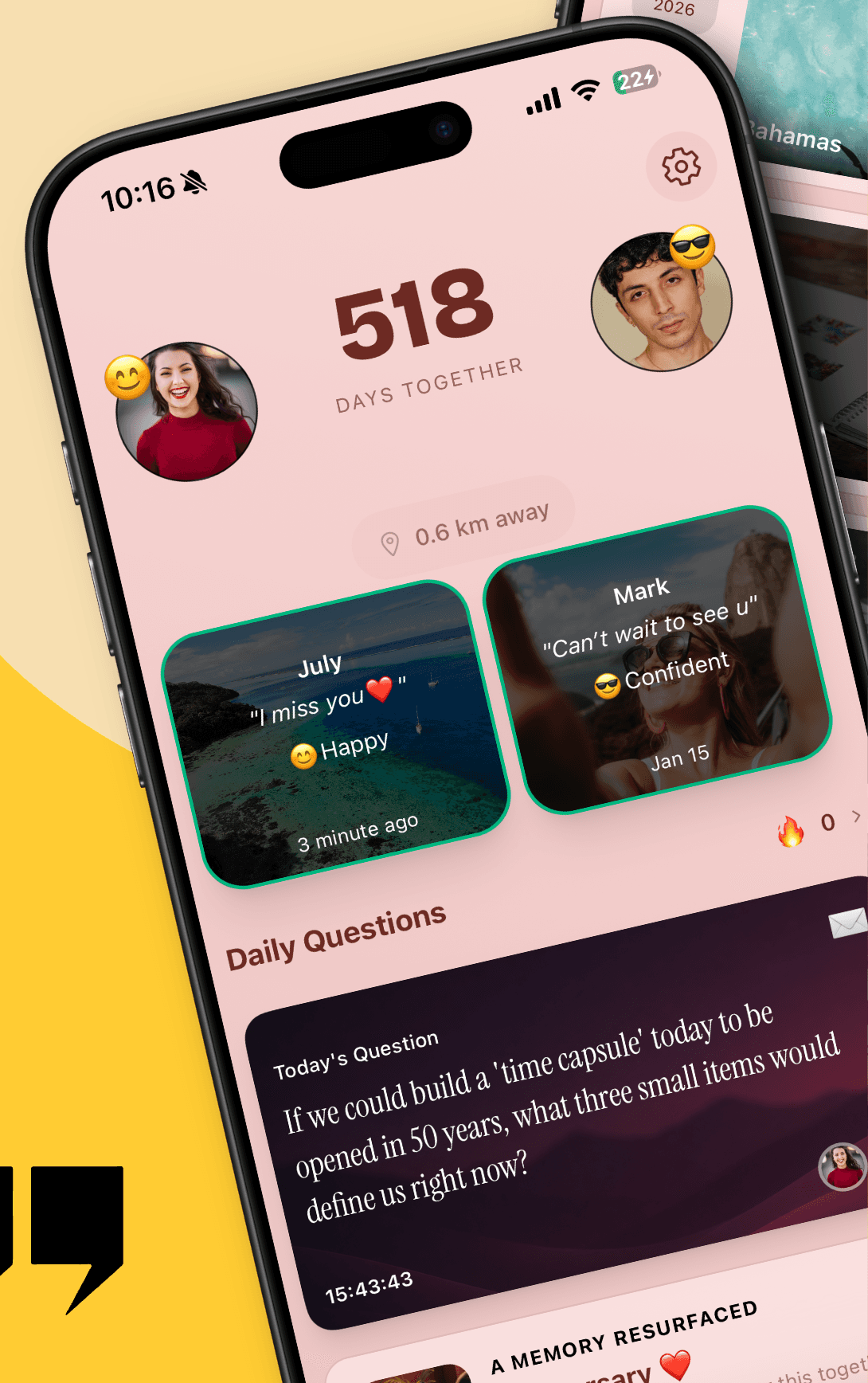 Our Story home screen with days together and the daily question